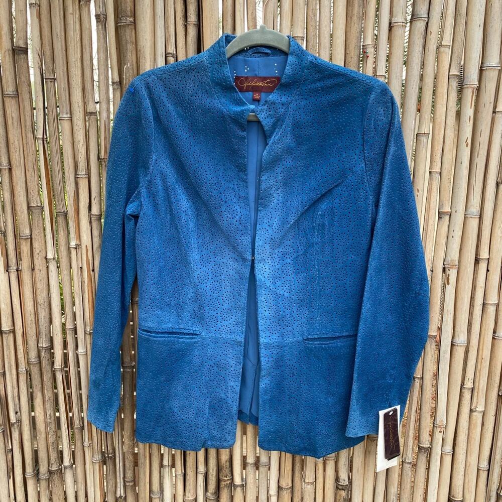 Hal Rubenstein Teal Laser Cut Collarless Suede Jacket Sz S NWT